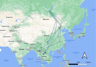 Рисунок 1. Карта осенней миграции 5 самцов дубровника в 2019 году.<br /><br />Кружками обозначены районы длительных остановок: зеленые – район гнездования (дельта реки Селенги); желтые – места первой осенней миграционной остановки; коричневые – места второй осенней миграционной остановки; синие – места зимовки